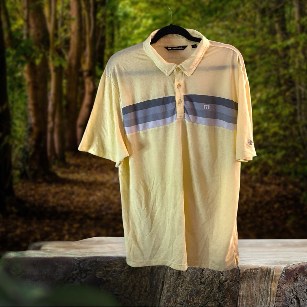 Travis Mathew Polo Shirt Mens XL Yellow Striped Golf‎ SS “The Preserve”.EUC